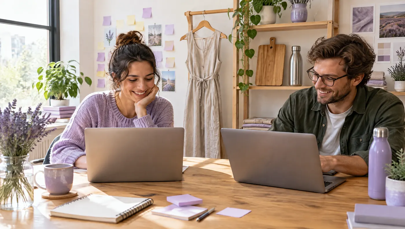 Two people working on laptops in a bright studio with products on the shelves