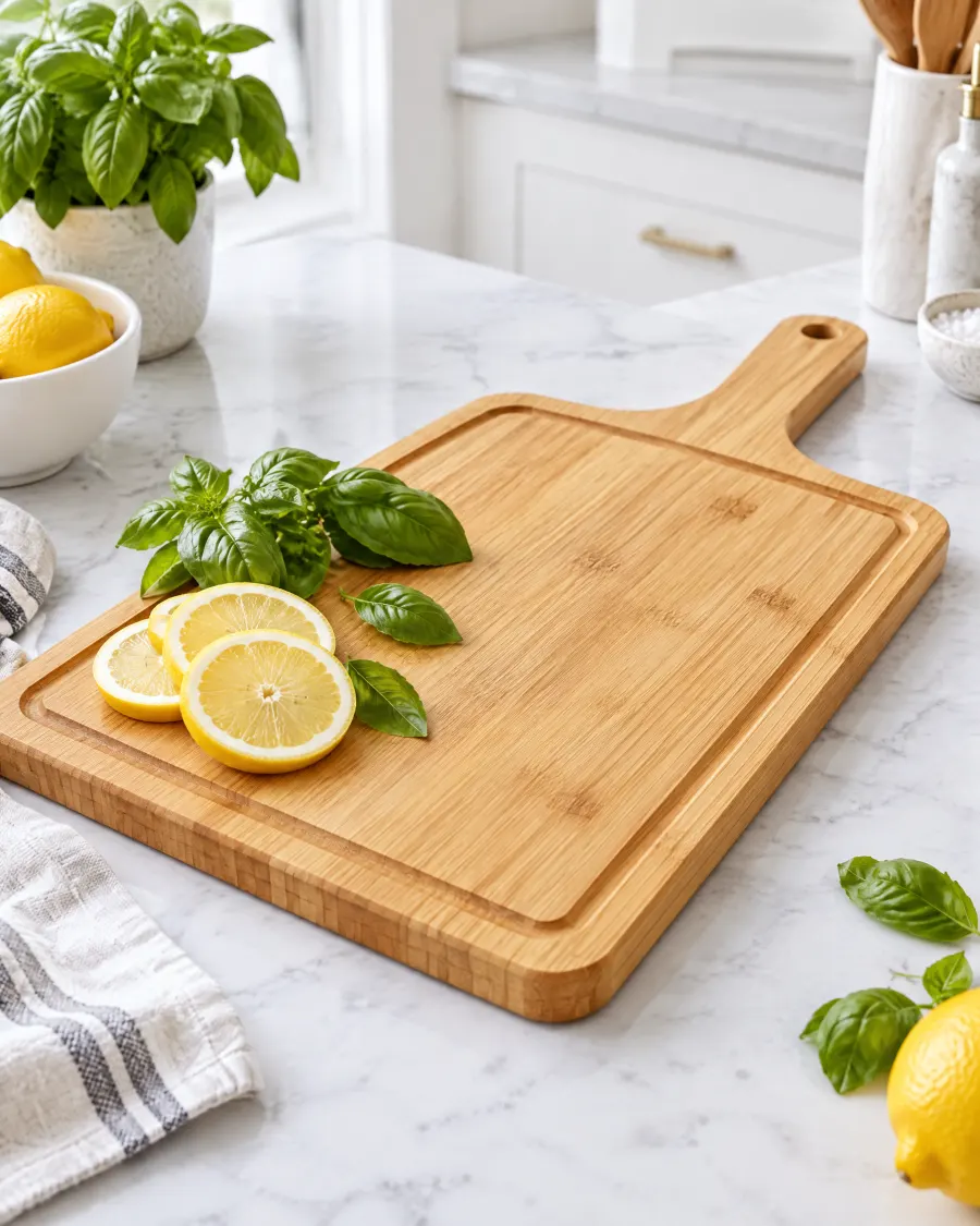 Bamboo cutting board with juice groove on a marble counter with lemons