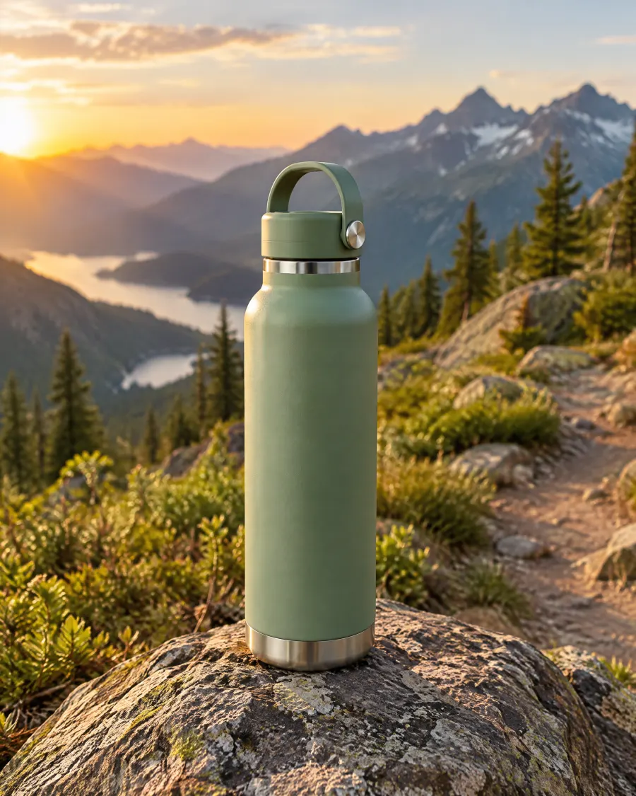 Sage green insulated steel water bottle on a rock on a mountain trail