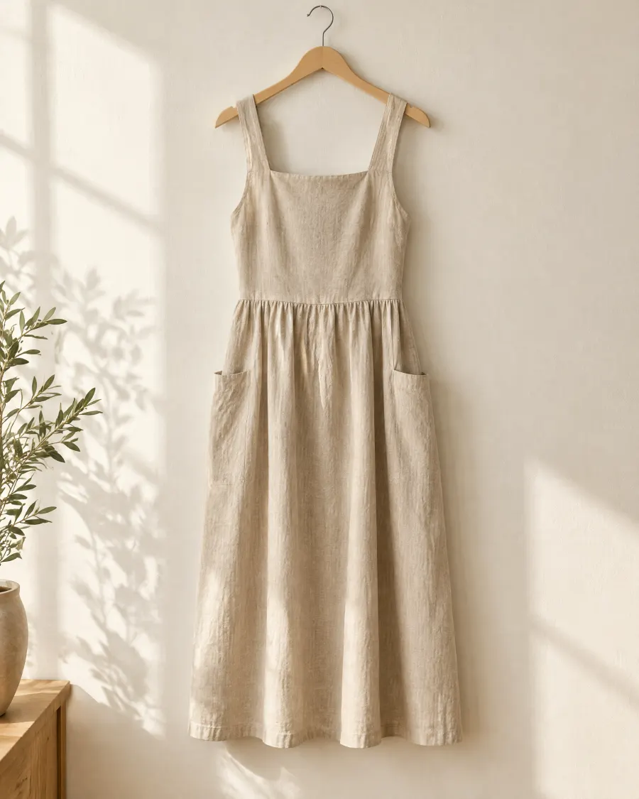 Beige linen midi dress with pockets on a wooden hanger