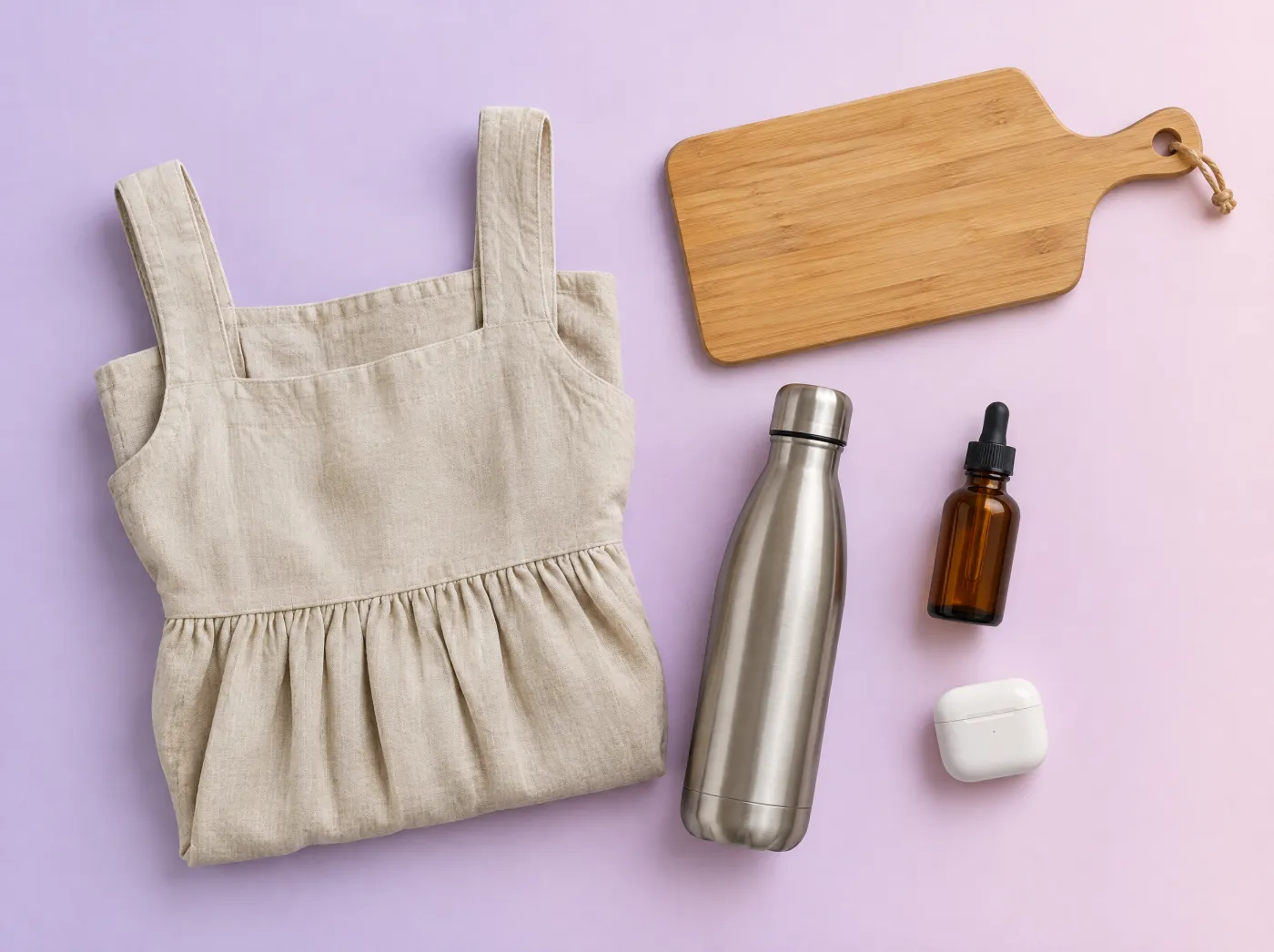 Online store products: linen dress, bamboo cutting board, steel water bottle, serum and earbuds