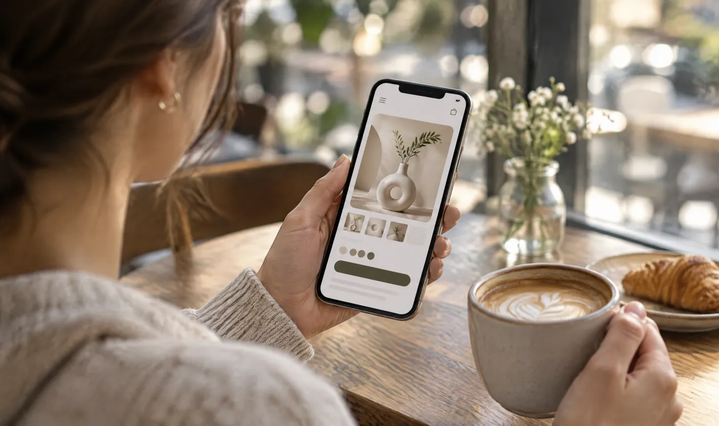 Shopper browsing a product page on a smartphone in a cafe