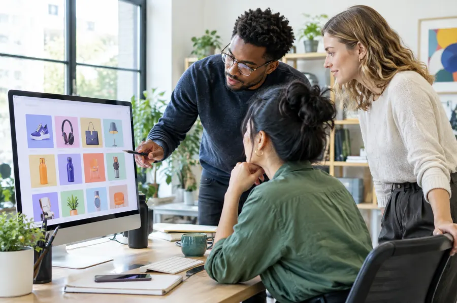 Agency team reviewing an online store on a large screen