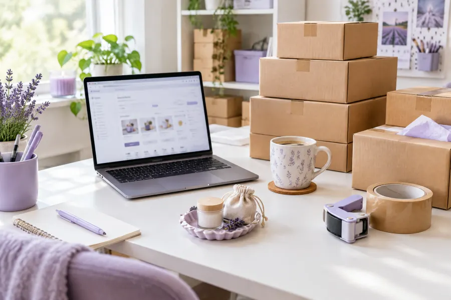 Online seller's desk with laptop and shipping boxes