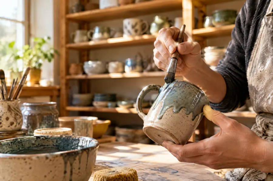 Maker glazing a handmade ceramic mug