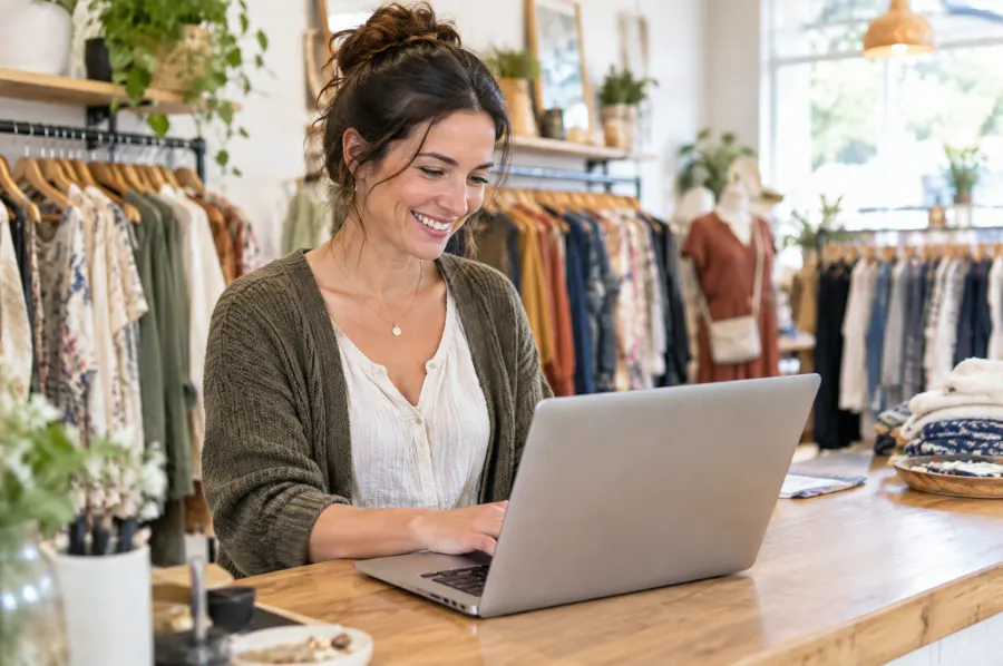 Boutique owner working on a laptop in her clothing shop